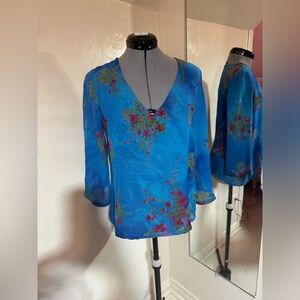 Rk Bright Blue Floral V-Neck Blouse